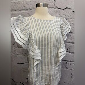 See U Soon Womens  100% Linen & Lace Flutter Sleeve Boho Blouse Striped Modest